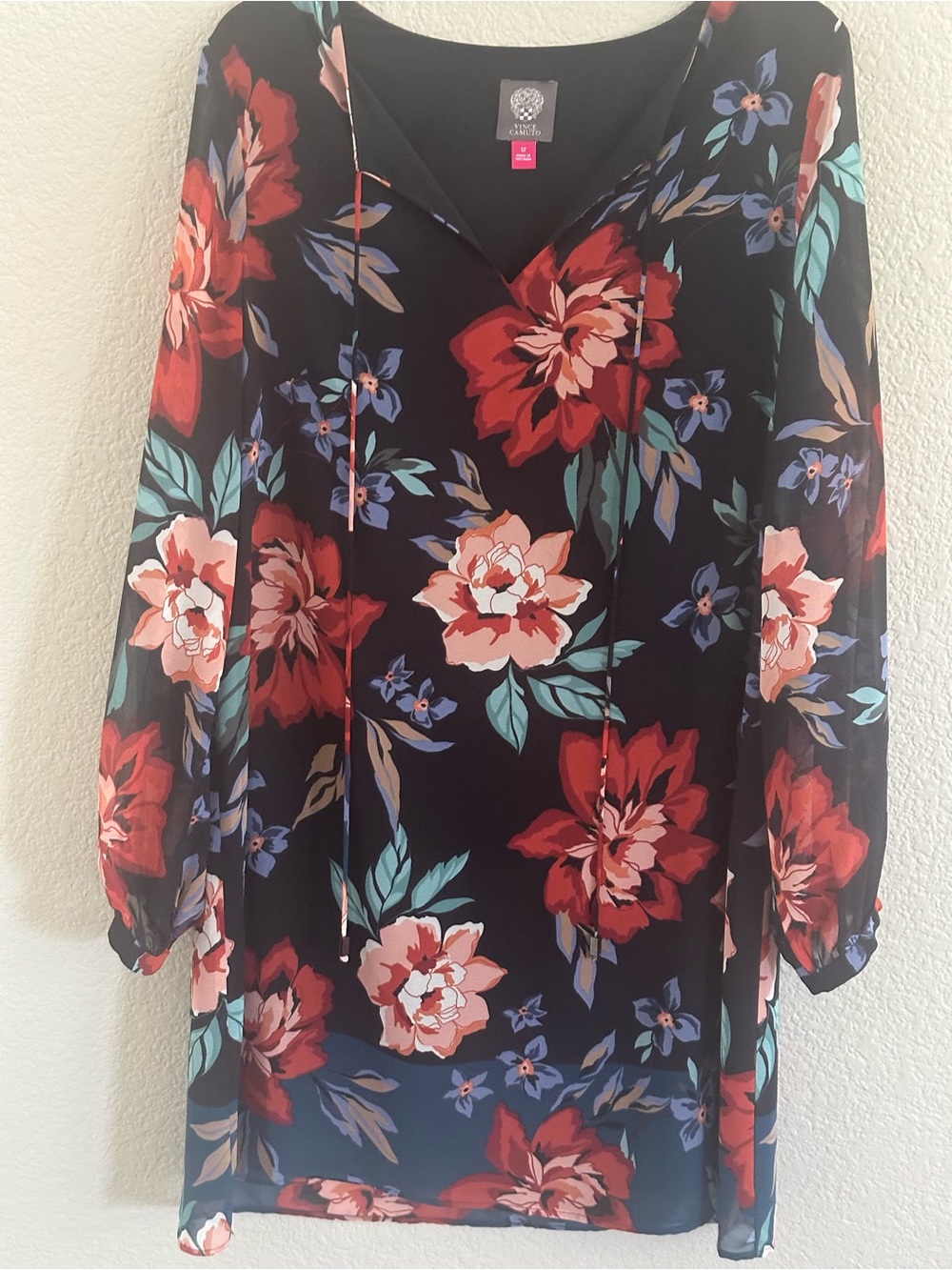 Vince Camuto Blue Floral Tunic Dress with Red, Coral and Mint Accents